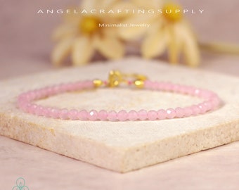 Rose Quartz Minimalist Bracelet, Natural Rose Quartz Stone Bracelet, Delicate Rose Quartz Crystal Dainty Bracelet, Heart Chakra Gift Women