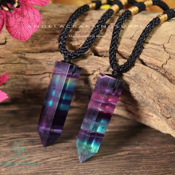 Rainbow Fluorite Necklace, Natural Stone Double Points Pendant Necklace, Healing Crystal Necklace ,Spiritual Protection Gift