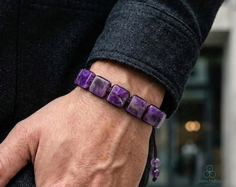 Men's Amethyst Crystal Bracelet, Natural Gemstone Tube Bracelet, February Birthstone, Crown Chakra Gift