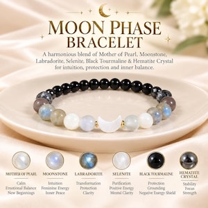 May include: A beaded bracelet featuring a central white crescent moon charm flanked by Mother of Pearl, Moonstone, Labradorite, Selenite, Black Tourmaline, and Hematite beads. The text reads MOON PHASE BRACELET and lists the crystal types.