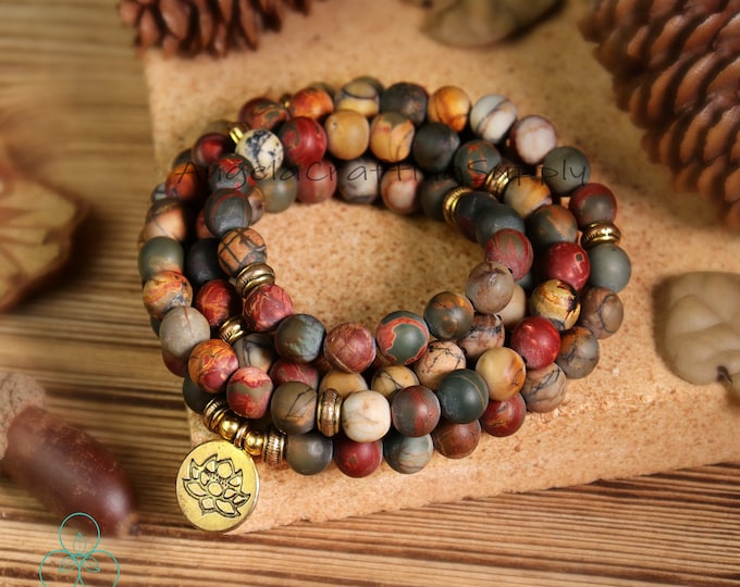 108 Mala Beads Jasper Bracelet: Red Creek Jasper Stone, Root Chakra Protection Yoga Jewelry