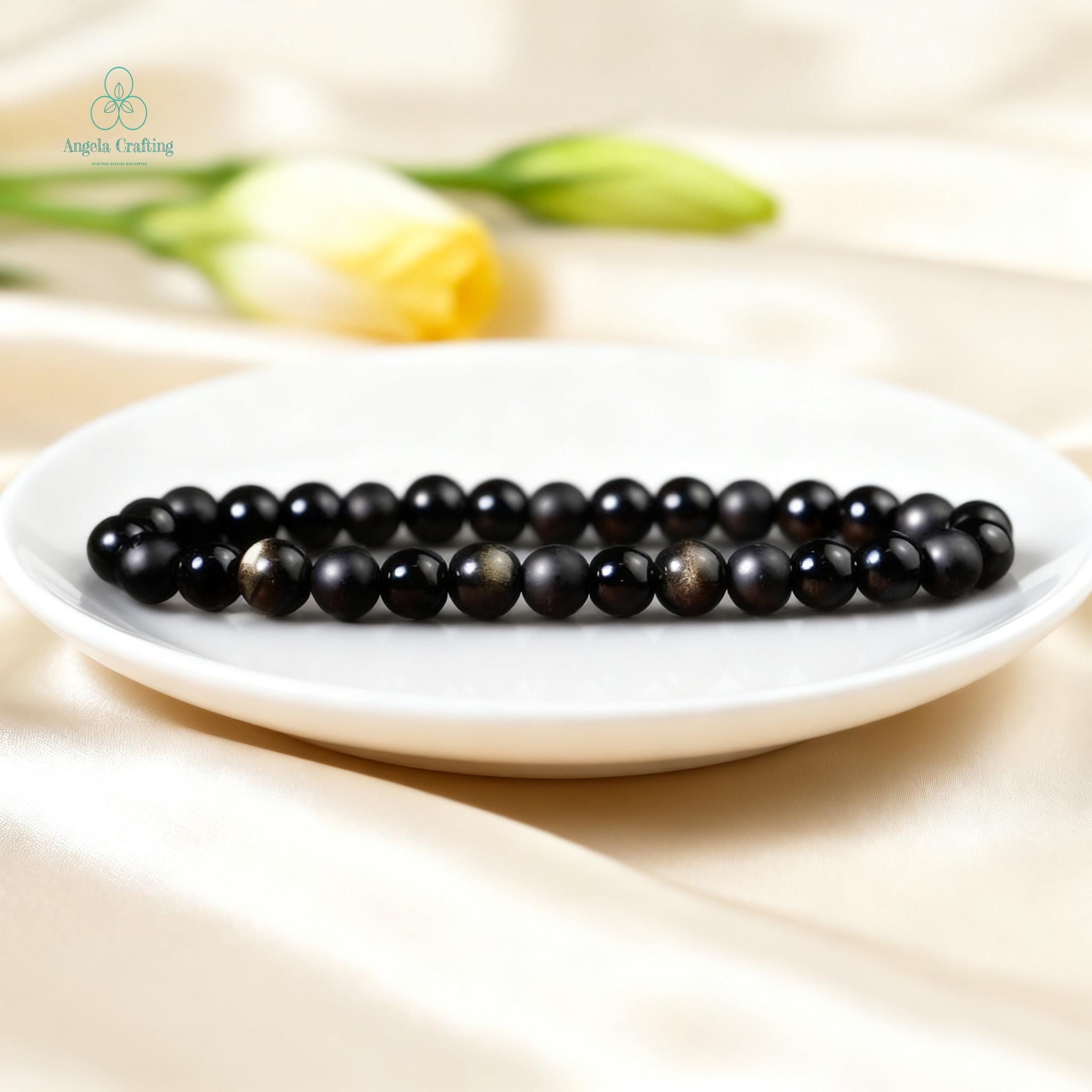 JEYORZY Bracciale In Ossidiana Nera Naturale, Perle 8 Mm, Tormalina Nera, Nylon Elastico Unisex, Regalo Energia Positiva