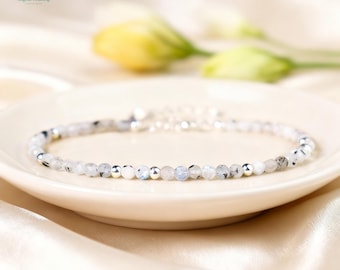 Healing Rainbow Moonstone Crystal Dainty Bracelet, Natural Gemstone Minimalist Bracelet, Crown Chakra, New Beginnings