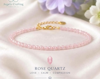 Pulsera delicada de cuarzo rosa, joyería minimalista de piedra preciosa rosa natural, chakra del corazón, atrae el amor.