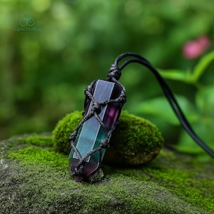 Rainbow Fluorite Necklace, Natural Fluorite Gemstone Double Points Pendant Necklace, Delicate Fluorite Crystal Necklace ,Crown Chakras Gift