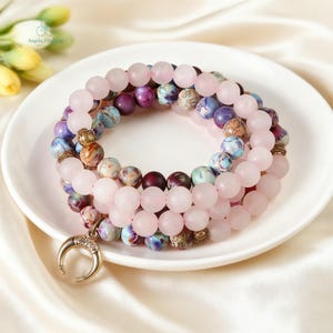 108 Beads Rose Quartz Mala Bracelet, Galaxy Sea Sediment, Healing Crystal, Meditation, Grounding Jewelry