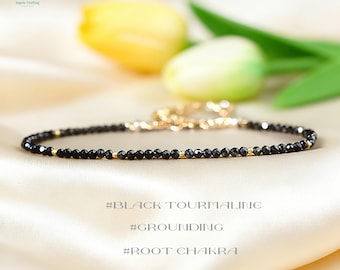 Black Tourmaline Dainty Bracelet , Natural Gemstone Minimalist Crystal Bracelet, Root Chakra, Stone of Protection
