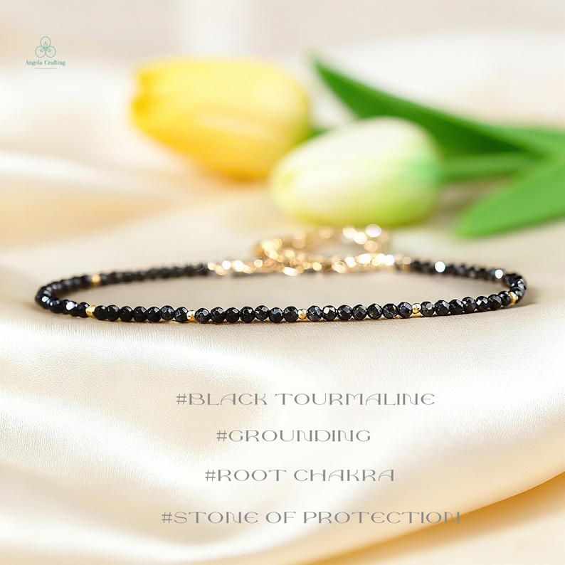 Black Tourmaline Dainty Bracelet , Natural Gemstone Minimalist Crystal Bracelet, Root Chakra, Stone of Protection image 1