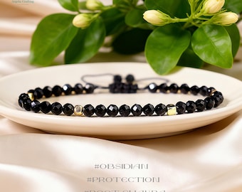 Black Obsidian Dainty Bracelet ,Stone of Protection, Natural Gemstone Minimalist Bracelet, Root Chakra