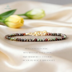 Pulsera delicada de cristal de piedra de sangre curativa, pulsera minimalista de piedras preciosas naturales, chakra raíz, coraje y sabiduría.