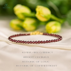 Pulsera delicada de cristal de granate, pulsera minimalista de piedra preciosa natural, piedra del amor y el compromiso, piedra natal de enero