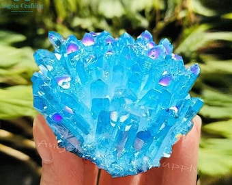 Cúmulo de cristal de cuarzo aura azul ángel, cúmulo de piedra natural con punta de cristal, espécimen mineral de cristal para decoración del hogar