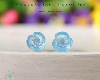 Minimalist Aquamarine Studs Earrings, Natural Gemstone Rose Flower Studs, Healing Crystal Dainty Studs Earrings March Birthstone Gift