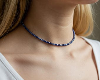 Dainty Blue Sodalite Crystal Necklace, Minimalist Gemstone Choker, Self-Acceptance, , Throat Chakra Jewelry
