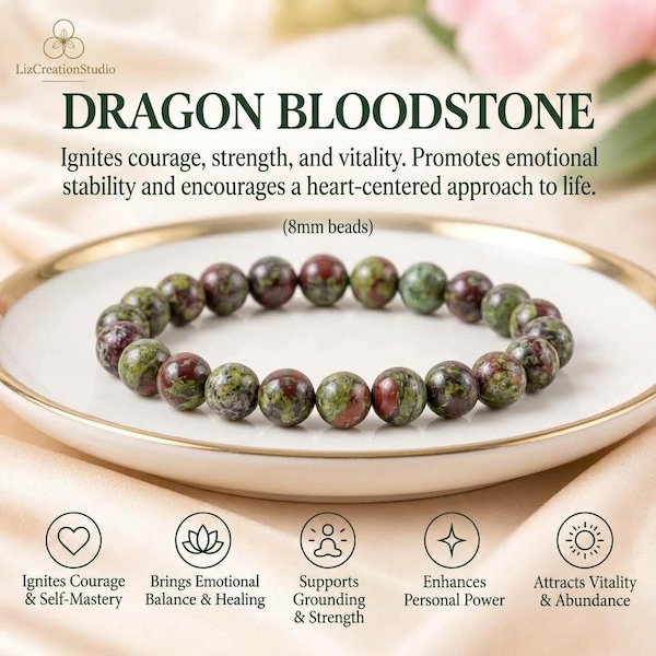 Dragon Bloodstone Beaded Bracelet, Natural Crystal Healing Gift, Courage &Strength, Root Chakra