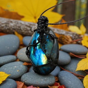 May include: A polished labradorite pendant with a black woven cord. The stone displays iridescent blue, green, and yellow hues. The pendant is set against a backdrop of gray stones and autumn leaves.
