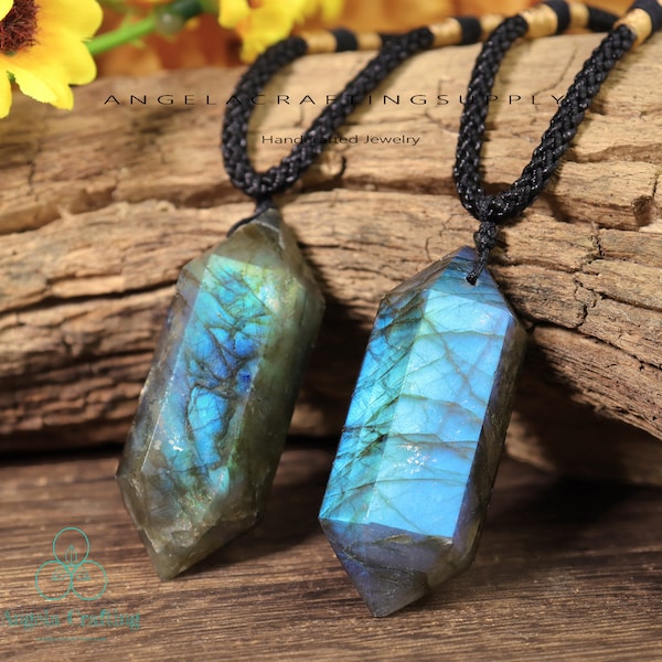 Labradorite Necklace, Natural Stone Double Points Pendant Necklace, Healing Crystal Necklace ,Spiritual Protection Gift