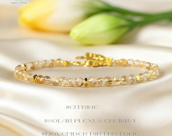 Healing Citrine Crystal Minimalist Bracelet, Natural Gemstone Dainty Bracelet, November Birthstone, Solar Plexus Chakra