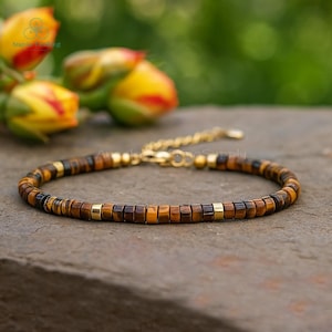 Delicate Rondelle Tiger Eye Dainty Bracelet, Natural Gemstone Minimalist Bracelet, Tiger Eye Crystal Bracelet, Root Chakra Gift for Women