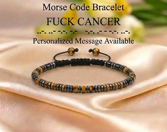 Personalized F*CK CANCER Morse Code Bracelet - Natural Tiger Eye Stone - Secret Message Gift