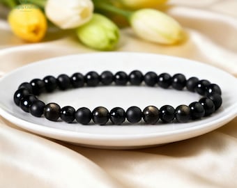 Drievoudige beschermingsarmband, zwarte toermalijn, goudglanzend obsidiaan, zwarte onyx, echte edelstenen, stapelbaar