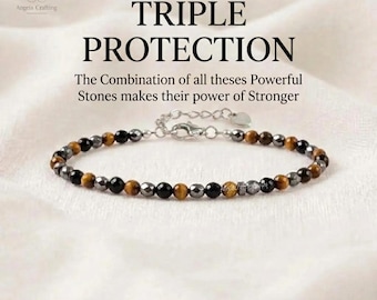 Minimalist Triple Protection Bracelet, Dainty Crystal Black Obsidian, Tiger Eye, Hematite Grounding Jewelry Gift