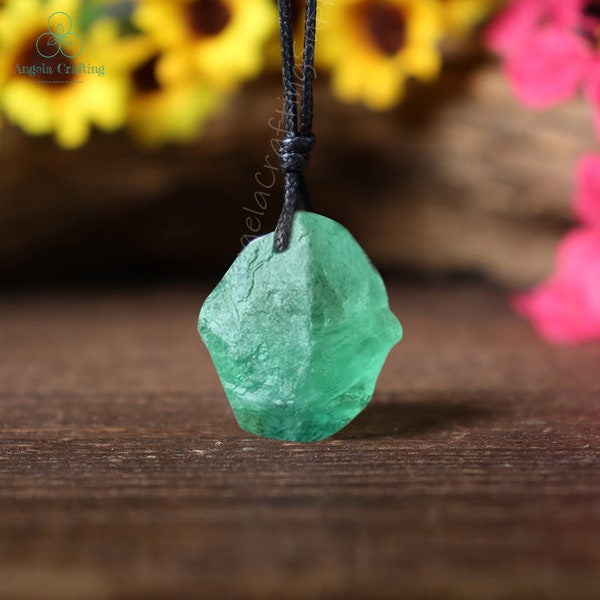 Raw Green Fluorite Necklace, Natural Rough Gemstone Fluorite Pendant Necklace, Healing Crystal Spiritual Protection Gift