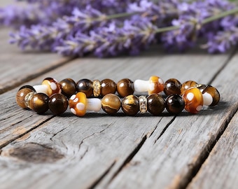 Tigers Eye Mushroom Bracelet, Natural Gemstone Stretchy Crystal Bracelet ,Confidence, Protection, Root Chakra