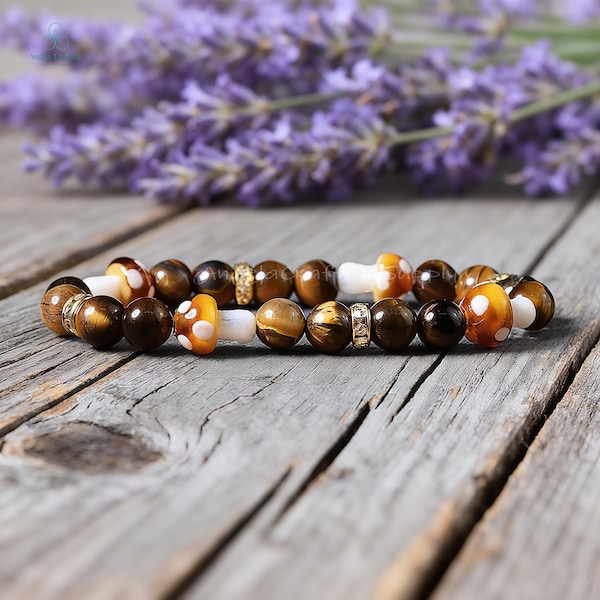 Tigers Eye Mushroom Bracelet, Natural Gemstone Stretchy Crystal Bracelet ,Confidence, Protection, Root Chakra