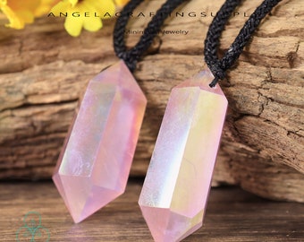 Angel Aura Rose Quartz Necklace, Natural Gemstone Double Points Pendant Necklace, Healing Crystal Necklace ,Spiritual Protection Gift