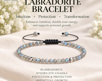 May include: A beaded bracelet featuring small, faceted grey labradorite stones with iridescent blue flashes, accented by two metallic silver-toned beads. The bracelet has a black cord with an adjustable sliding knot closure mechanism.