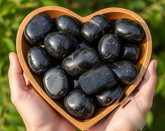 Zwarte toermalijnkwarts tuimelt, natuurlijke kristallen zaksteen, palmsteen, wortelchakra, minerale exemplaren