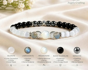 May include: A beaded bracelet featuring alternating black tourmaline, hematite, selenite, labradorite, and moonstone beads. The design includes silver-toned spacers and a central moonstone bead flanked by two labradorite beads and silver crescent moon charms.