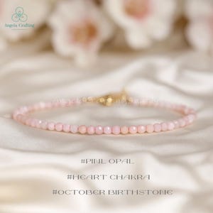 ヒーリング効果のあるピンクオパールクリスタルの繊細なブレスレット、天然石のミニマリストブレスレット、ハートチャクラ、重ね付け可能