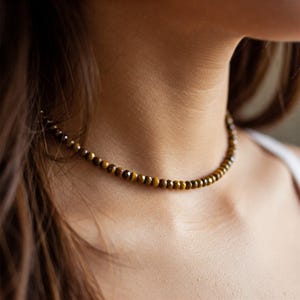 Healing Tiger Eye Dainty Crystal Necklace, Natural Stone Choker Minimalist Choker for Stacking, Root Chakra