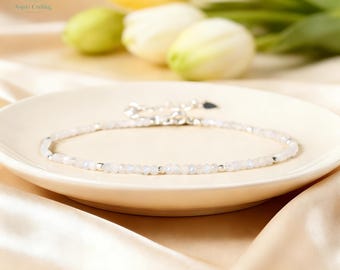 White Moonstone Bracelet, Healing Crystal Dainty Minimalist Bracelet, Natural Gemstone, Crown Chakra, June Birthstone