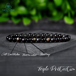 Triple Protection Bracelet, Black Tourmaline Bracelet, Gold Sheen Obsidian, Black Onyx, 6mm Stretch Bracelet, Genuine Gemstones