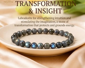 May include: A circular beaded bracelet made of dark grey labradorite stones with iridescent blue flashes. The text reads: TRANSFORMATION & INSIGHT. Labradorite for strengthening intuition and stimulating the imagination, a stone of transformation that protects and grounds energy.
