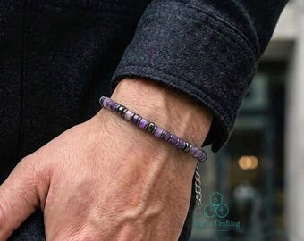 Men's Amethyst Bracelet, Natural Hematite Stone Bracelet, February Birthstone, Crown Chakra, Spiritual Awareness