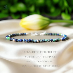 Natural Azurite Malachite Dainty Bracelet, Healing Crystal Minimalist Bracelet, Root Chakra, Stone of Heaven image 1
