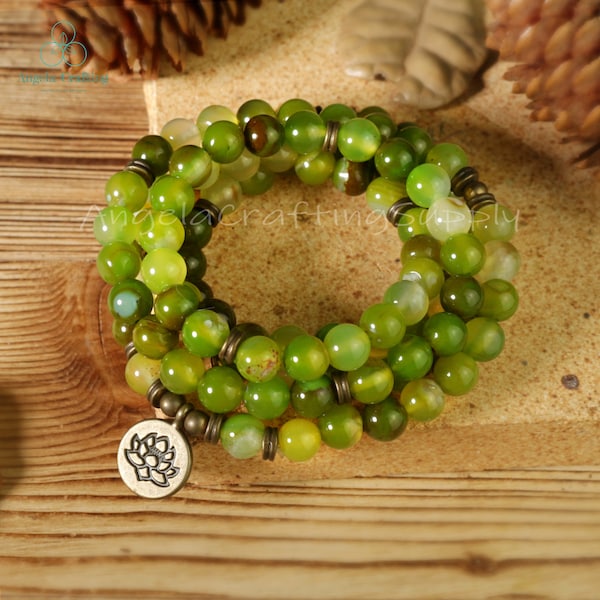 Green Jade Stone Bracelet, 108 Beads Mala Prayer Bracelet, Natural Gemstone Bracelet, Healing Meditation Bracelet Inner Peace Gift