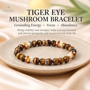 Tigers Eye Mushroom Bracelet, Natural Gemstone Stretchy Crystal Bracelet ,Confidence, Protection, Root Chakra
