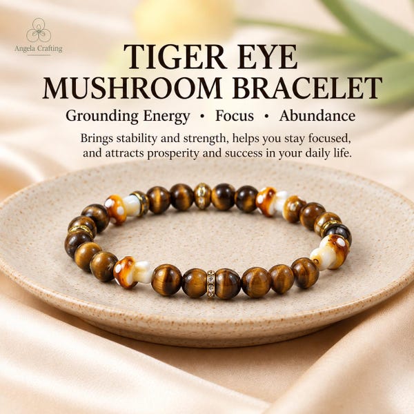Tigers Eye Mushroom Bracelet, Natural Gemstone Stretchy Crystal Bracelet ,Confidence, Protection, Root Chakra