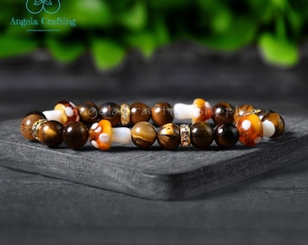 Pulsera de cristal de hongo y ojo de tigre, pulsera de piedras preciosas naturales para la confianza y cristales para la conexión a tierra y la protección del chakra raíz.