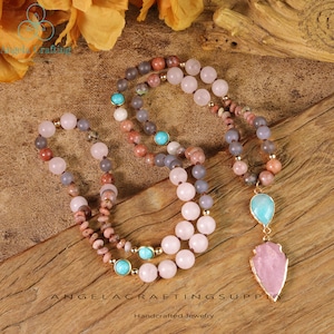 Rose Quartz Arrowhead 108 Beads Mala Necklace, Natural Stone Hand Knotted Pendant Necklace, Healing Crystal Spiritual Protection Gift