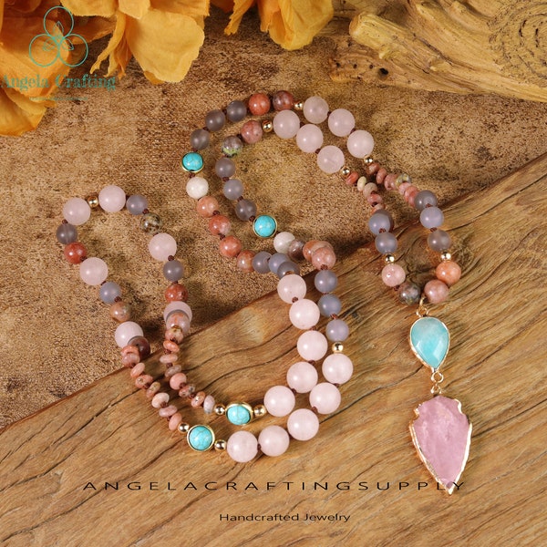 Rose Quartz Arrowhead 108 Beads Mala Necklace, Natural Stone Hand Knotted Pendant Necklace, Healing Crystal Spiritual Protection Gift