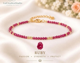 Pulseira minimalista de cristal rubi para cura, pulseira delicada de pedra preciosa natural, pedra do mês de julho, chakra do coração.