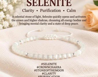 May include: A white beaded bracelet featuring smooth, translucent round beads and small silver-toned metal spacers. The bracelet has a white cord with an adjustable sliding knot closure. Text on the image reads SELENITE, Clarity, Purification, Calm.