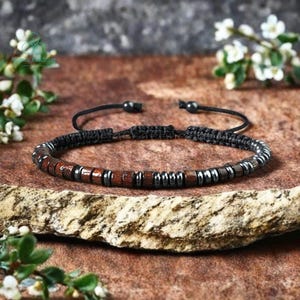 Hematite Bracelet -Natural Hematite Stone Dainty Bracelet- Delicate Hematite Crystal Minimalist Bracelet, Root Chakra Morse Code Gift Women