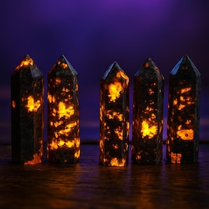Yooperlite Crystal Tower Points, Emberlite Stone Obelisk Wand, UV Reactive Glowing, Mineral Specimens